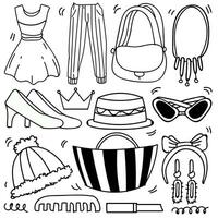 conjunto de mujer Moda accesorios en garabatear estilo aislado en blanco fondo, vector mano dibujado conjunto ropa tema. vector ilustración