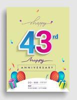 43rd Years Anniversary invitation Design, with gift box and balloons, ribbon, Colorful Vector template elements for birthday celebration party.