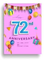 72nd Years Anniversary invitation Design, with gift box and balloons, ribbon, Colorful Vector template elements for birthday celebration party.