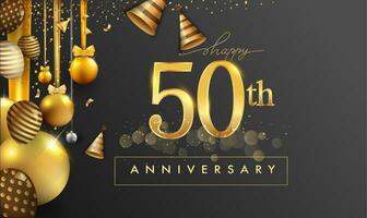 50th years anniversary design for greeting cards and invitation, with balloon, confetti and gift box, elegant design with gold and dark color, design template for birthday celebration vector