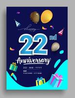 10th Years Anniversary invitation Design, with gift box and balloons, ribbon, Colorful Vector template elements for birthday celebration party.