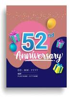 52nd Years Anniversary invitation Design, with gift box and balloons, ribbon, Colorful Vector template elements for birthday celebration party.