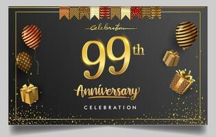 90th years anniversary design for greeting cards and invitation, with balloon, confetti and gift box, elegant design with gold and dark color, design template for birthday celebration. vector