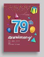 79º años aniversario invitación diseño, con regalo caja y globos, cinta, vistoso vector modelo elementos para cumpleaños celebracion fiesta.