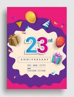 23 años aniversario invitación diseño, con regalo caja y globos, cinta, vistoso vector modelo elementos para cumpleaños celebracion fiesta.