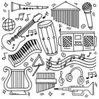 Set of hand drawn music theme isolated on white background, doodle set of Musical Instruments theme. Vector illustration