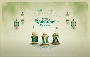 islamic greeting ramadan card design with lanterns vector