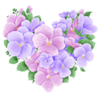 Watercolor hand drawn illustration Violet purple flower and leaves heart bouquet for wedding invitation bridal shower greeting card png