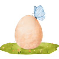 vibrante acuarela composición presentando un brillante azul mariposa encaramado en un Fresco pollo huevo en un lozano verde prado. para ilustrando granja Produce y Pascua de Resurrección conceptos png