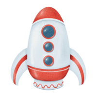 Rocket. Cartoon art. Watercolor isolated illustration. explorer, intergalactic ship in red and white. Space reflected in its windows. Symbol of speed, goal achievement. cards, prints, presentations png