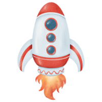 Cartoon rocket with fiery thruster. Watercolor isolated illustration. Space explorer, intergalactic ship in blue and white. Cosmos reflected. reaching targets. for cards, prints, presentations png