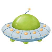 Alien spacecraft. Cartoonish UFOs with multiple lights. Intergalactic ship, space explorer. Blue, green, and yellow colors. Watercolor isolated illustration. for cards, prints, presentations png