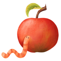 watercolor composition a worm with an apple. Ideal for childrens books, posters, invitations and other creative projects that aim to evoke a sense of joy and imagination png