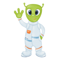 A funny cute alien waves its hand. A green, friendly extraterrestrial. Character in a spacesuit. Space theme. Extraterrestrial creature, science fiction. Watercolor isolated children's illustration png