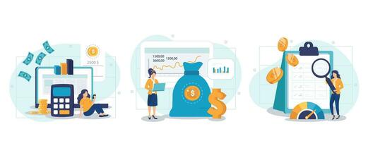 Cost optimization concept set. Idea of financial and marketing strategy. Cost and income balance. Spending and cost reduction, while maximizing business value. Isolated flat illustration vector