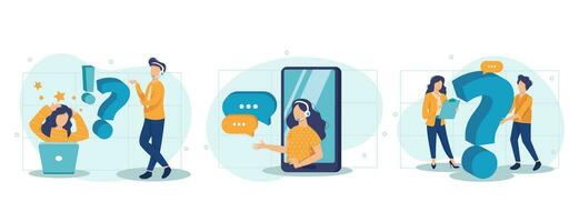 Customer support illustration collection. Characters using online helpdesk platform. People asking a questions and receiving answers from helpdesk or call center operator. Vector illustration.