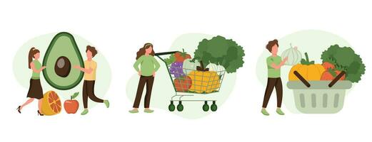 tienda de comestibles vegetales ilustración colocar. personaje comprando Fresco orgánico vegetales y poniendo en compras carretilla y cesta. local producción apoyo concepto. vector ilustración.