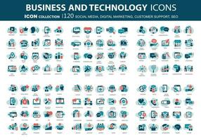 120 Business, data analytics, organization management icons. Social media, digital marketing, customer support and seo icon set. Vector icon collection