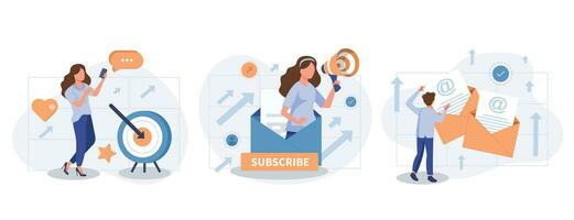 Email service web concept with people scenes set in flat style. Bundle of online communication programs, sending and receiving messages, promo newsletter. Vector illustration with character design