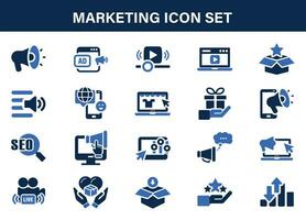 Marketing and advertising icon collection. Content, search, strategies, marketing, e-commerce, Seo. Flat vector illustration