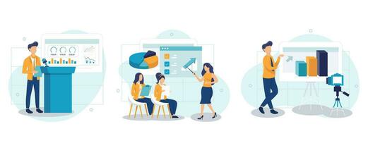 Coach speaking collection of scenes isolated. People learn at business training, career development, set in flat design. Vector illustration for blogging, website, mobile app, promotional materials.