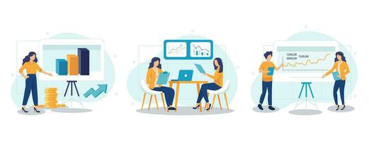 Business activities concept isolated person situations. Collection of scenes with people perform tasks, analyze data, develop project, success strategy. Vector illustration in flat design