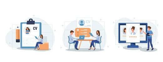 Employee evaluation, assessment form and report, performance review concept collection of scenes. Employer meeting job applicant at pre-employment assessment. Flat vector modern illustration