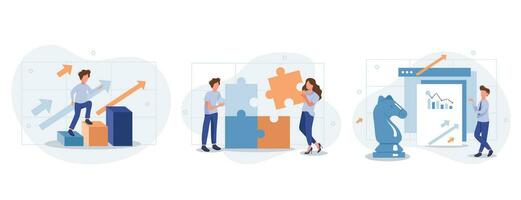 Business strategy illustration set. Characters assembling jigsaw puzzle, moving chess figure, demonstrating financial growth. Strategy, planning and success concept. Vector illustration.