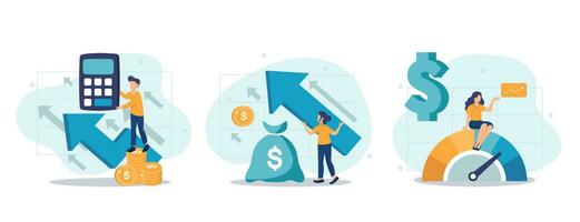 Cost optimization concept set. Idea of financial and marketing strategy. Cost and income balance. Spending and cost reduction, while maximizing business value. Isolated flat illustration vector