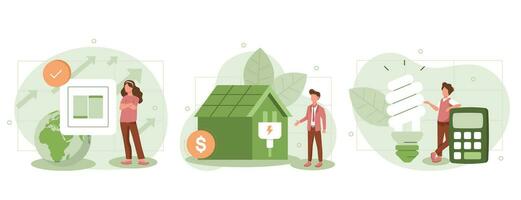 Sustainability illustration collection. Energy consumption in household. Characters using energy efficient devices, paying less and saving money. Power save concept. Vector illustration