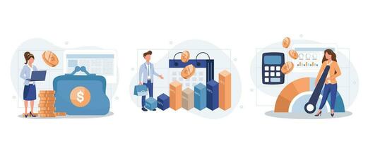 Cost optimization concept set. Idea of financial and marketing strategy. Cost and income balance. Spending and cost reduction, while maximizing business value. Isolated flat illustration vector