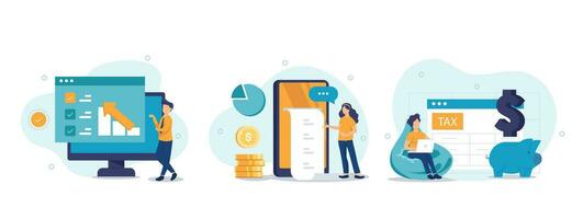 Various Finance Icons. Characters Calculating Long Bill or Invoice Online, Filling Tax From, Analyzing Financial Data. Income Management Concept. Flat Cartoon Vector Illustration.