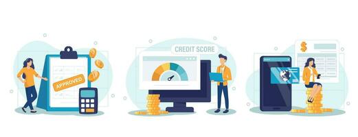 Credit approval illustration set. Characters with good credit score receiving loan approval from bank. Personal finance concept. Vector illustration.