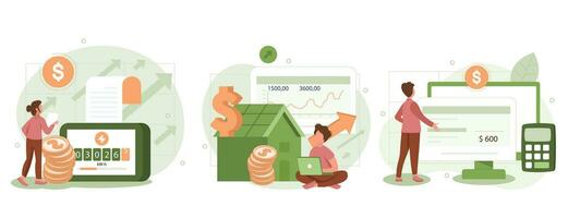 Sustainability vector set. Characters monitoring private electricity and central heating meter and calculating household utility bill. Home energy efficiency audit concept. consumption Costs increase