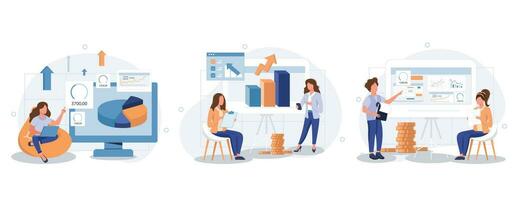 Business process concept isolated person situations. Collection of scenes with people colleagues analyze data, create success strategy, collaborate. Vector illustration in flat design