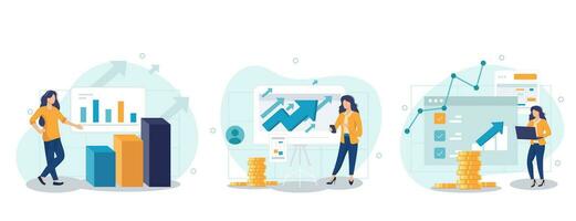 Business growth collection of scenes isolated. People analyze financial data, successful strategy, set in flat design. Vector illustration for blogging, website, mobile app, promotional materials