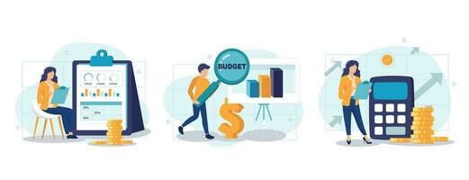 Analyzing budget concept isolated person situations. Collection of scenes with people do financial accounting, calculate statistics, earnings increase. Mega set. Vector illustration in flat design