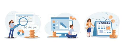 Sales performance isolated set. Financial profit growth, increase in earnings. People collection of scenes in flat design. Vector illustration for blogging, website, mobile app, promotional materials.