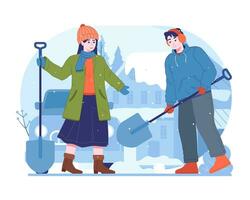 People working with shovels clearing snowdrift vector