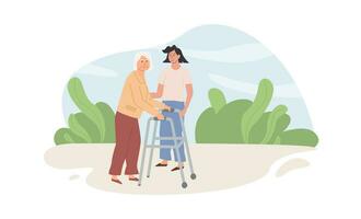 A nurse or female doctor and old age woman on wheelchair outdoors. Volunteer helping elderly lady. Scene of social worker with senior person in nature. Assisted living concept. Vector illustration.