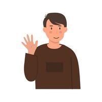 Little smiling school boy waving hand. Happy kid in greeting gesture saying hello or goodbye. Portrait of child from kindergarten or elementary school. Flat vector illustration.