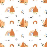 Boho art aesthetic seamless pattern with autumn arrangements of ceramic vases with dry leafs and plants. Repeatable background with pumpkin, rainbow and abstract shapes. Flat style vector illustration