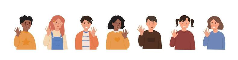 Vector set of children waving hands. Smiling little kids in greeting gesture. Collection of boys and girls raising hands saying hi or bye. Elementary school students or kindergarten pupils characters.