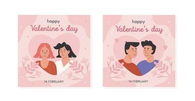 Set of Valentine's day greeting card templates with LGBTQ people. Portrait of gay and lesbian couple. Homosexual romantic partners. Square banner for social media. Vector flat style illustration.