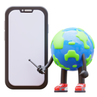 Earth character presenting blank smartphone screen png
