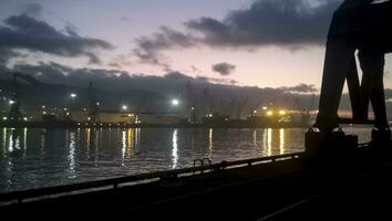 Port landscape at sunset. Port cranes. photo