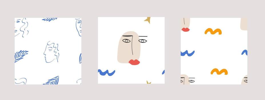 Trendy set of seamless pattern with abstract organic cut out Matisse inspired shapes of algae or corals and human figure. Female posture and geometric shapes simple flat design on white background. vector