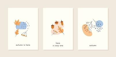 Set of autumn mood abstract greeting card templates with different shapes pumpkins, leaves and geometric shapes. Trendy minimal thanksgiving poster. Fall season harvest nature. Vector illustration.