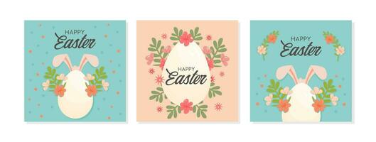 Happy Easter set of sale banners, greeting cards, posters, holiday covers or social media post. Trendy Easter square abstract templates. Modern art in minimalist style. Vector illustration.