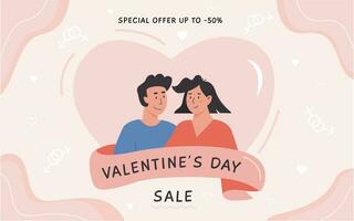 Happy Valentine's Day horizontal banner with a couple and sex signs. Trendy Valentines day sale template in pink pastel colours and flat style. Vector background with copy space for text.